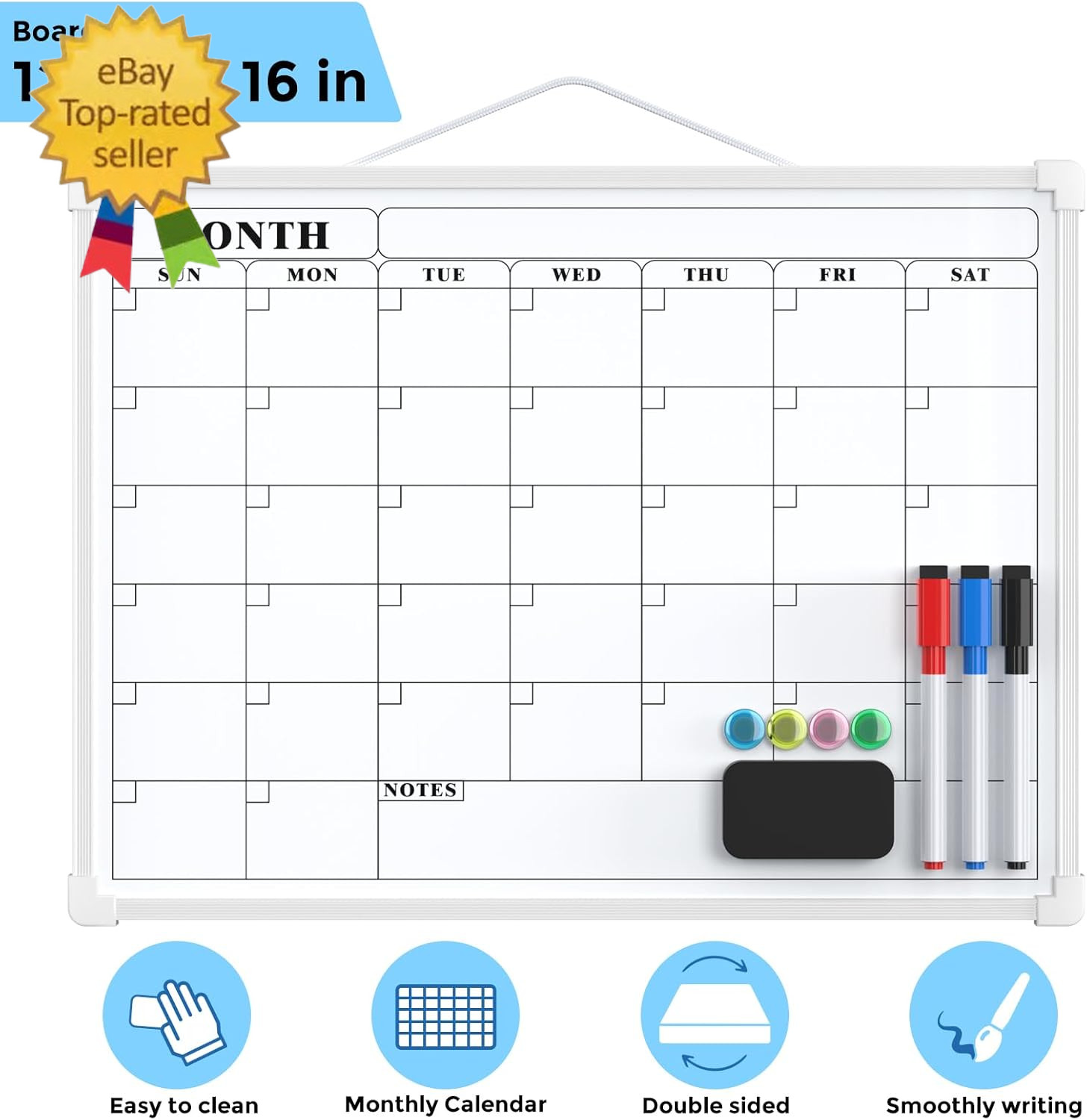 Monthly Calendar Dry Erase Board for Wall, 16″X12″ Small Hanging Double-Sided