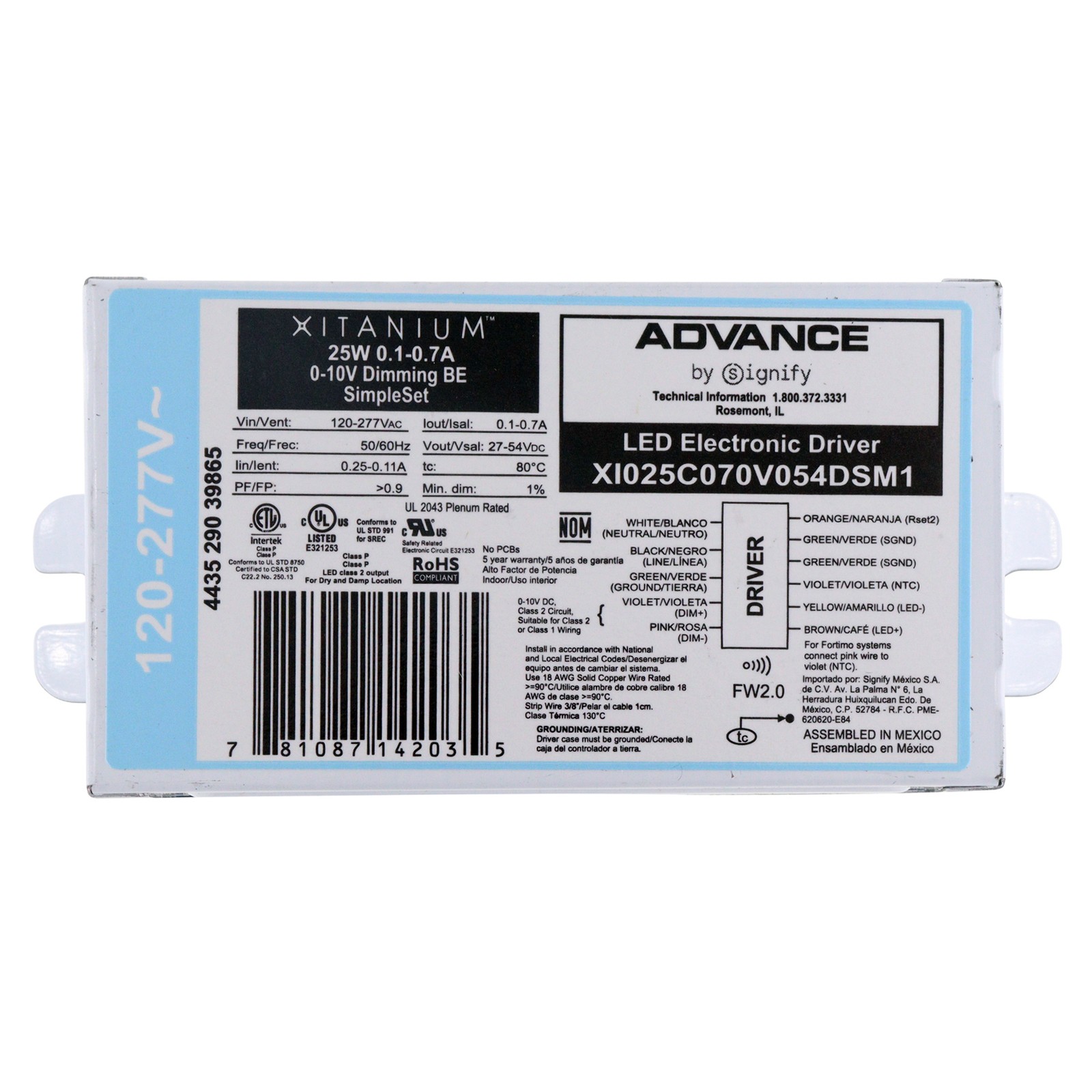 ADVANCE XI025C070V054DSM1 XITANIUM 0-10V DIMMABLE LED DRIVER, 27-54VDC, 25W, 120