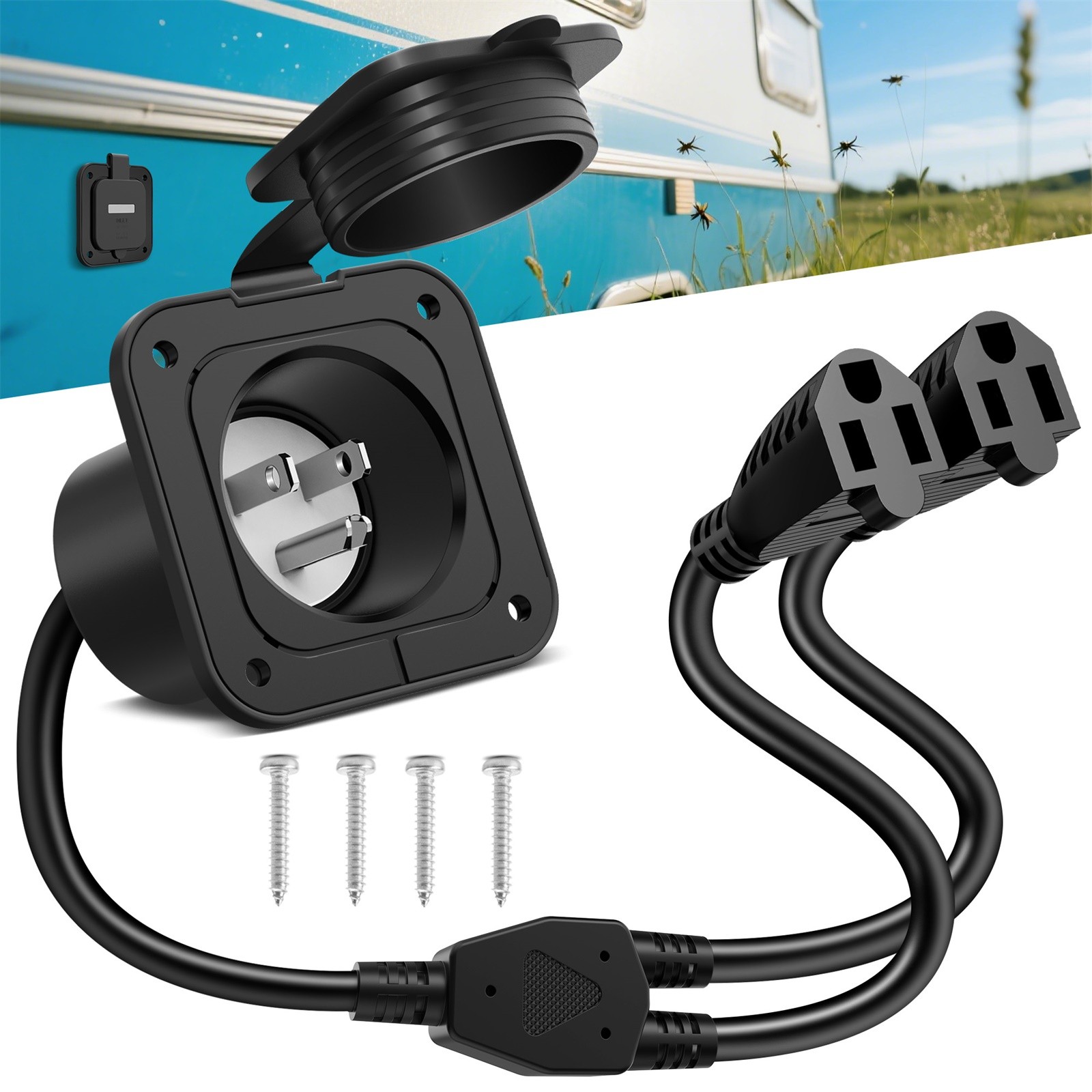 15Amp 125V AC Power Inlet,with Dual-Plug 18-Inch Extension Cord Y Splitter Cable