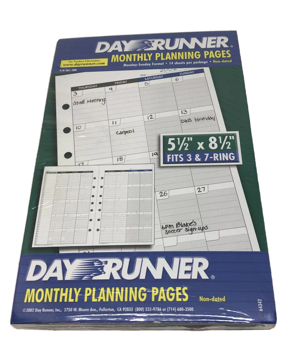 6 – Pack Day Runner Monthly Planning Pages 5 1/2 x 8 1/2 Non Dated