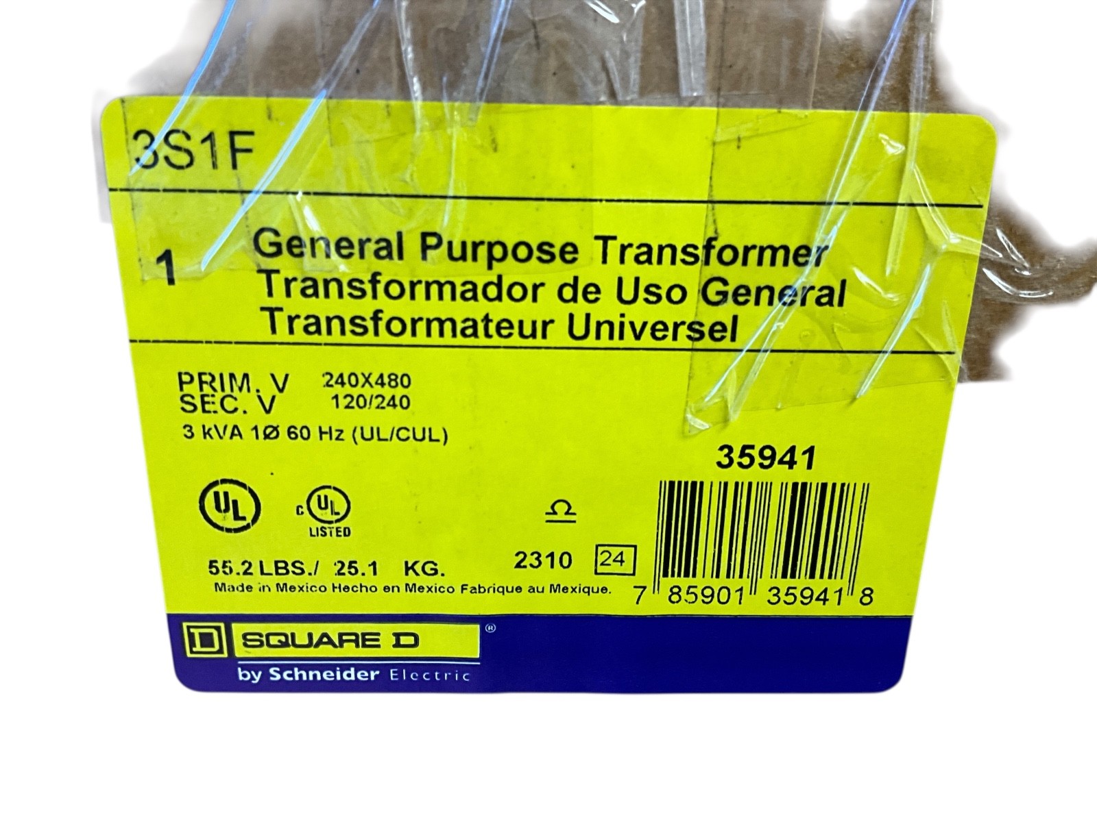 Square D 3S1F 3 kVA Single Phase General Purpose Transformer 240x480V to 120/240