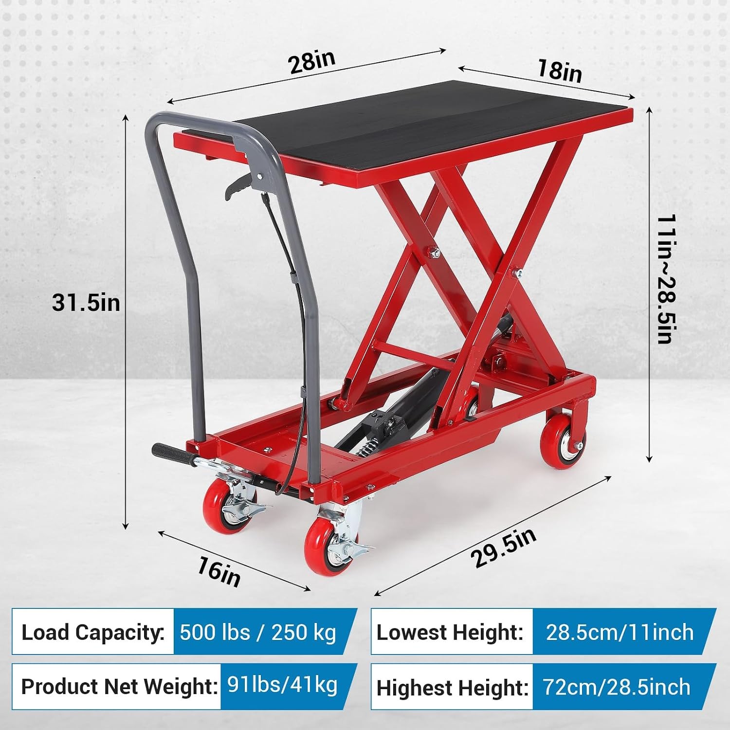 500Lbs Hydraulic Lift Table Cart 28.5in Height 4 Swivel Wheels Non-Slip Pad Use