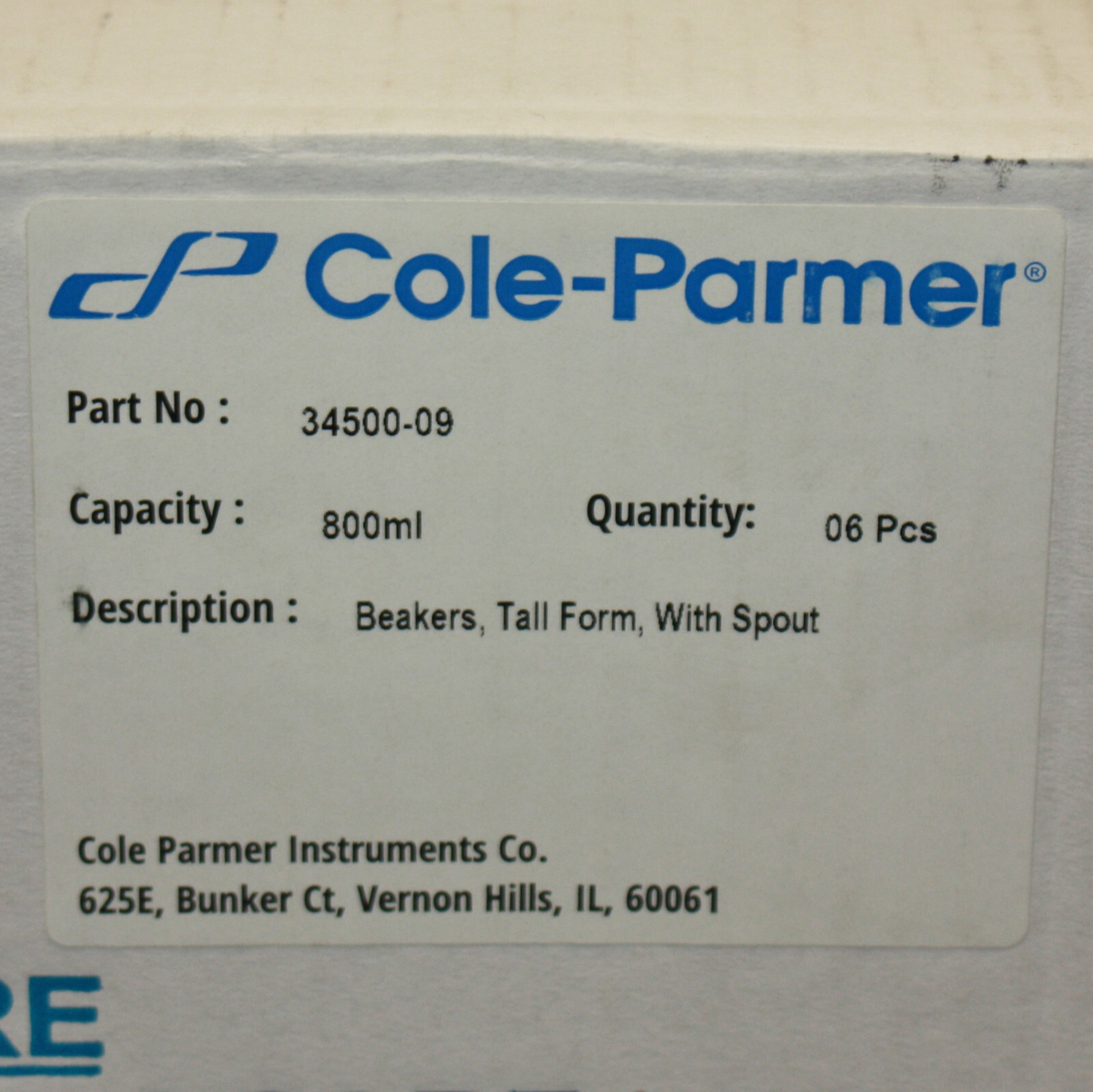 (6) Cole Parmer Tall Glass Berzelius Beakers 34500-09, 800 ml, Borosilicate