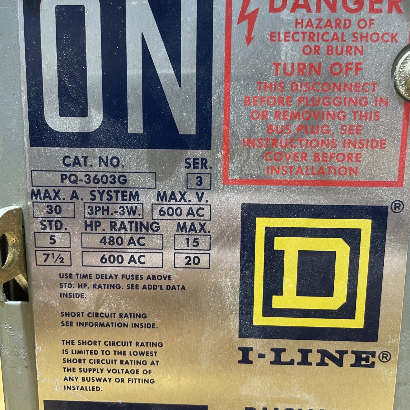 Square D I-Line PQ3603G 30 Amp 600V Fusible Busway Plug 3Ph 3W 30A