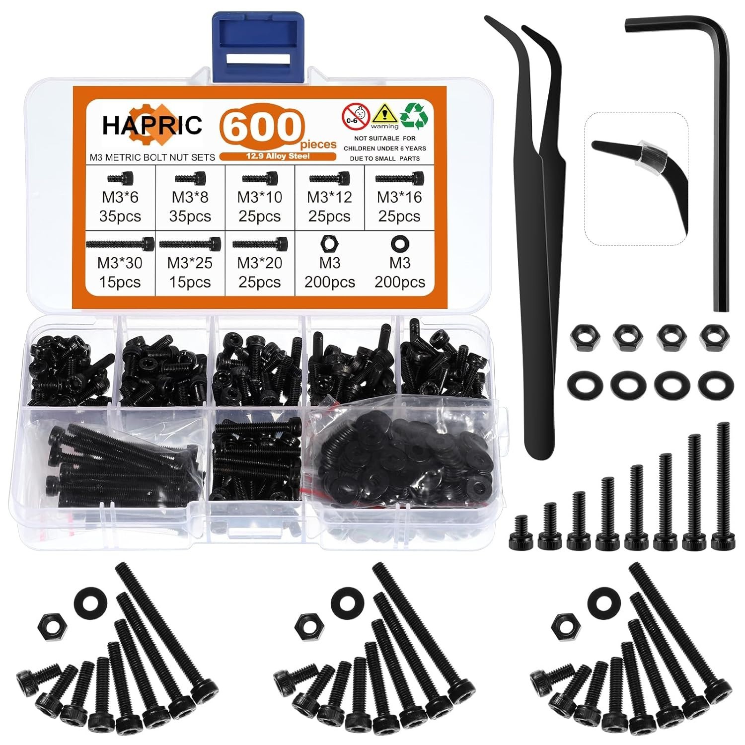 M3 Screws Assortment – 600 Pcs Black Zinc Plated Hex Head Set for All Repairs