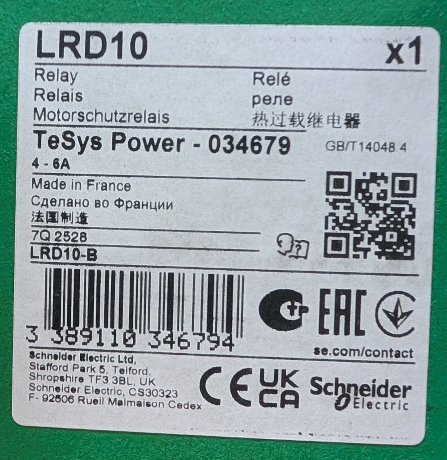 Schneider Electric LRD10 TeSys LRD Thermal Overload Relay 4-6A Class 10A 690V