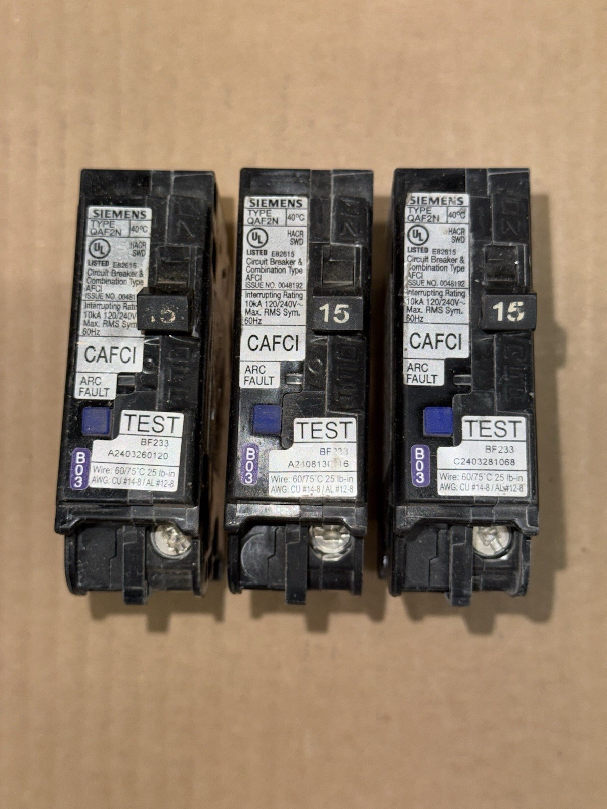Siemens QA115AFCN 15A 1-Pole Plug-On Neutral Circuit Breaker Lot Of 3 *USED*