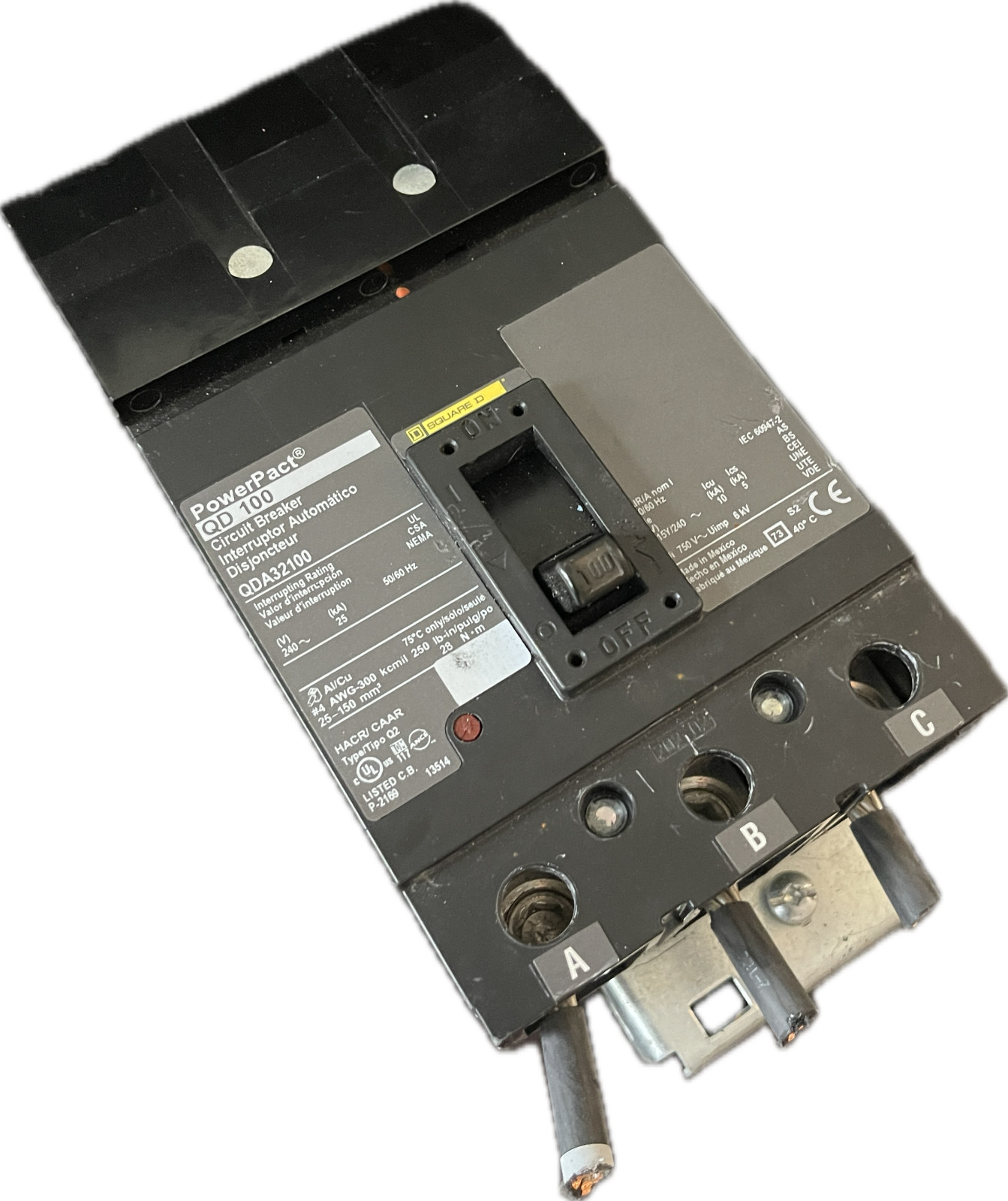 Square D PowerPact QDA32100 I-Line Circuit Breaker 100A 3 Pole 240V