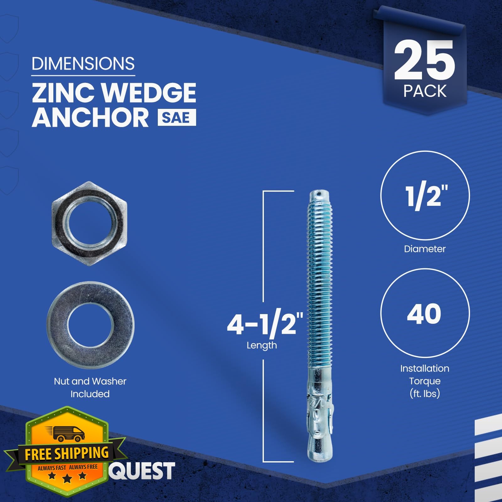 Conquest 25pk 1/2″ x 4-1/2″ Wedge Anchors