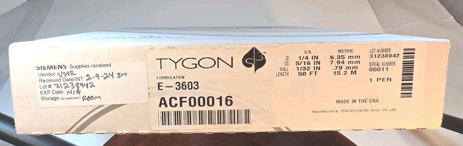 TYGON SAINT-GOBAIN ACF00016 E-3603 TUBING 1/4” ID 5/16” OD 1/32 WALL 50FT