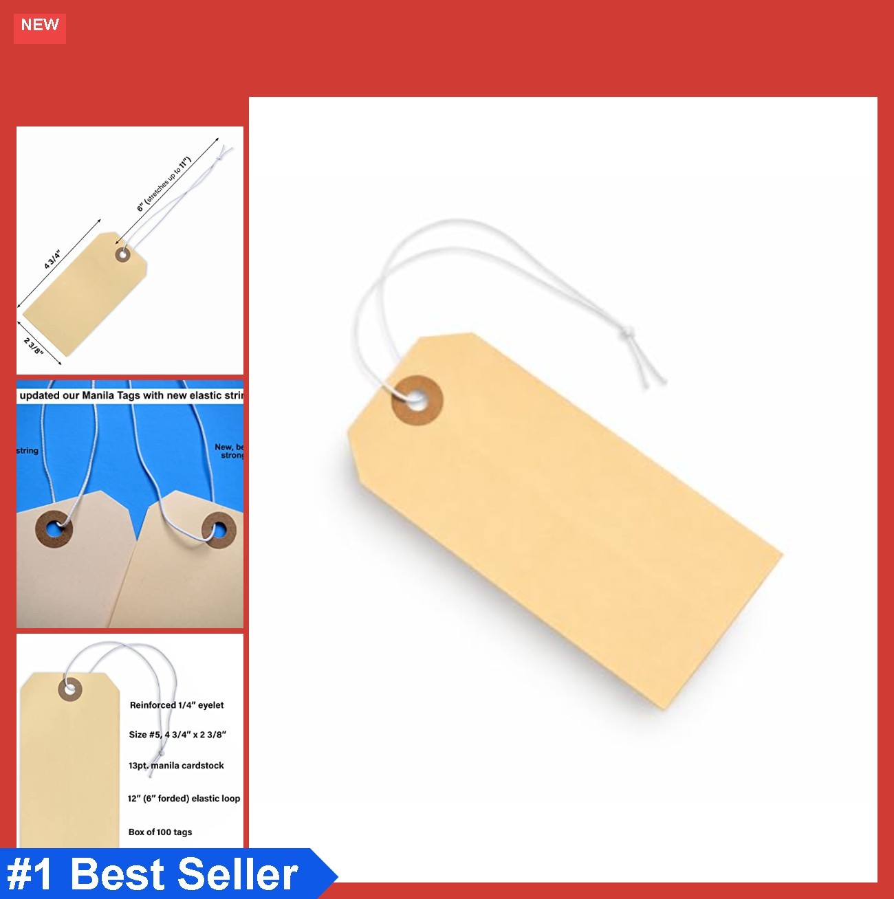 Manila Shipping Tags 4 3/4 x 2 3/8 Inch Elastic String Attached Box of 100