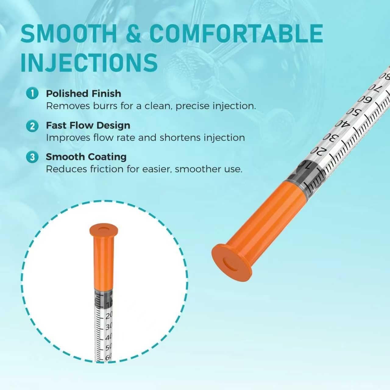 High Precision U-100 Syringes 31G 1/2 Inch, 100 Pack – Smooth Plunger Operation