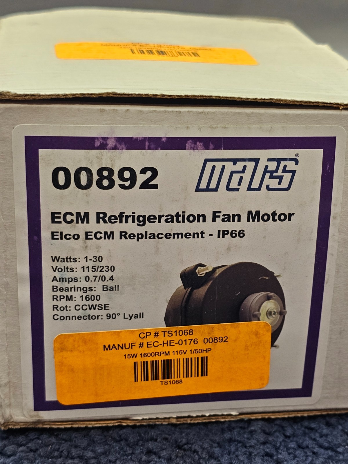 Mars 00892 ECM Refrigeration Fan Motor 115/230V 1600RPM Replacement For Elco