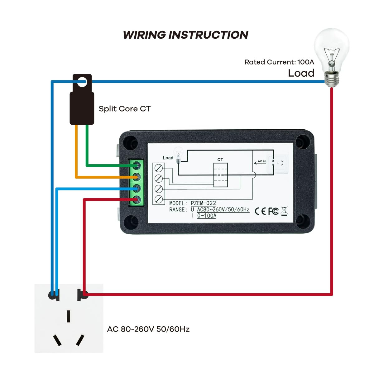 AC 80-260V 100A Multi-Function Power Monitor LCD Digital Display Voltage Current