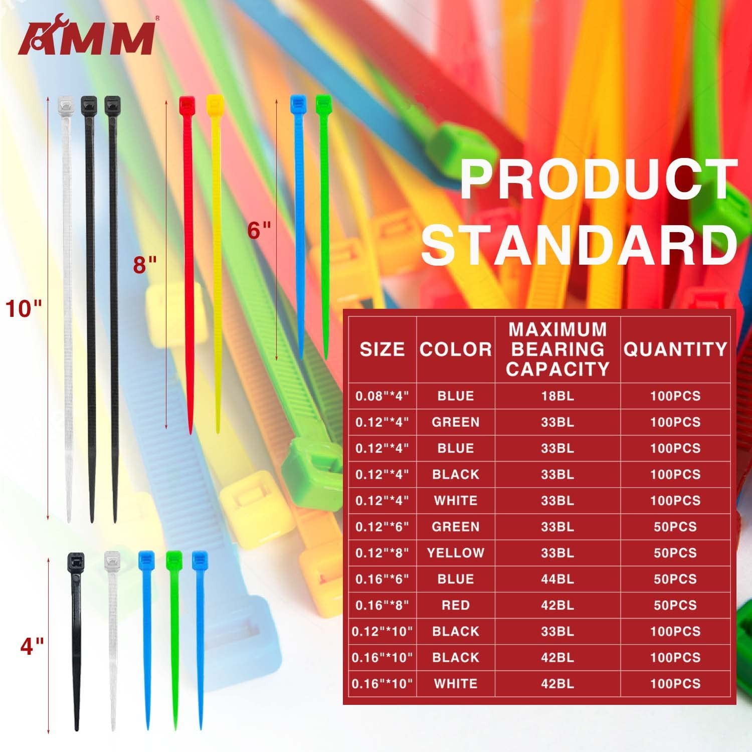 AMM Cable Zip Ties，1000 Pack colored zip ties Assorted Sizes 4, Multicoloured