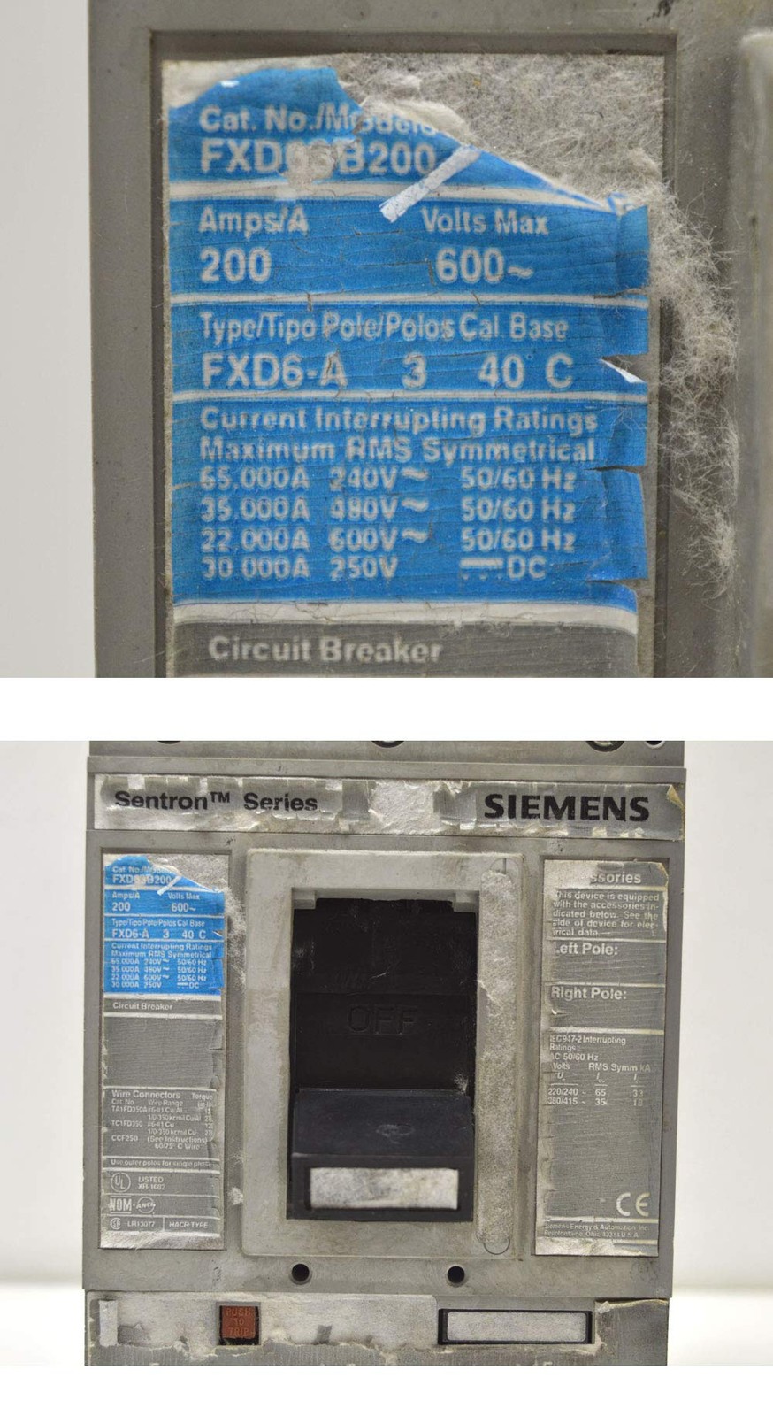 Siemens FXD63B200 Breaker Circuit Sentron 200-Amp 600VAC 3-Pole Trip
