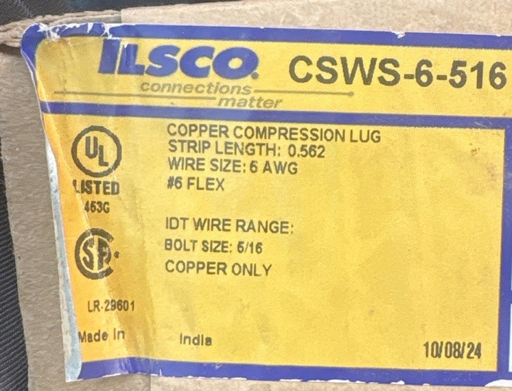 ILSCO CSWS-6-516 Copper Compression Lug 6 AWG 5/16” Stud UL New