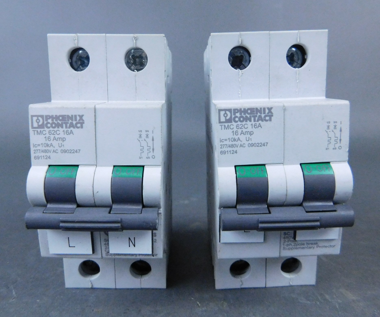 *Lot of 2* Phoenix Contact TMC 62C 16A Circuit Breakers, 16A, 2P, 277/480VAC