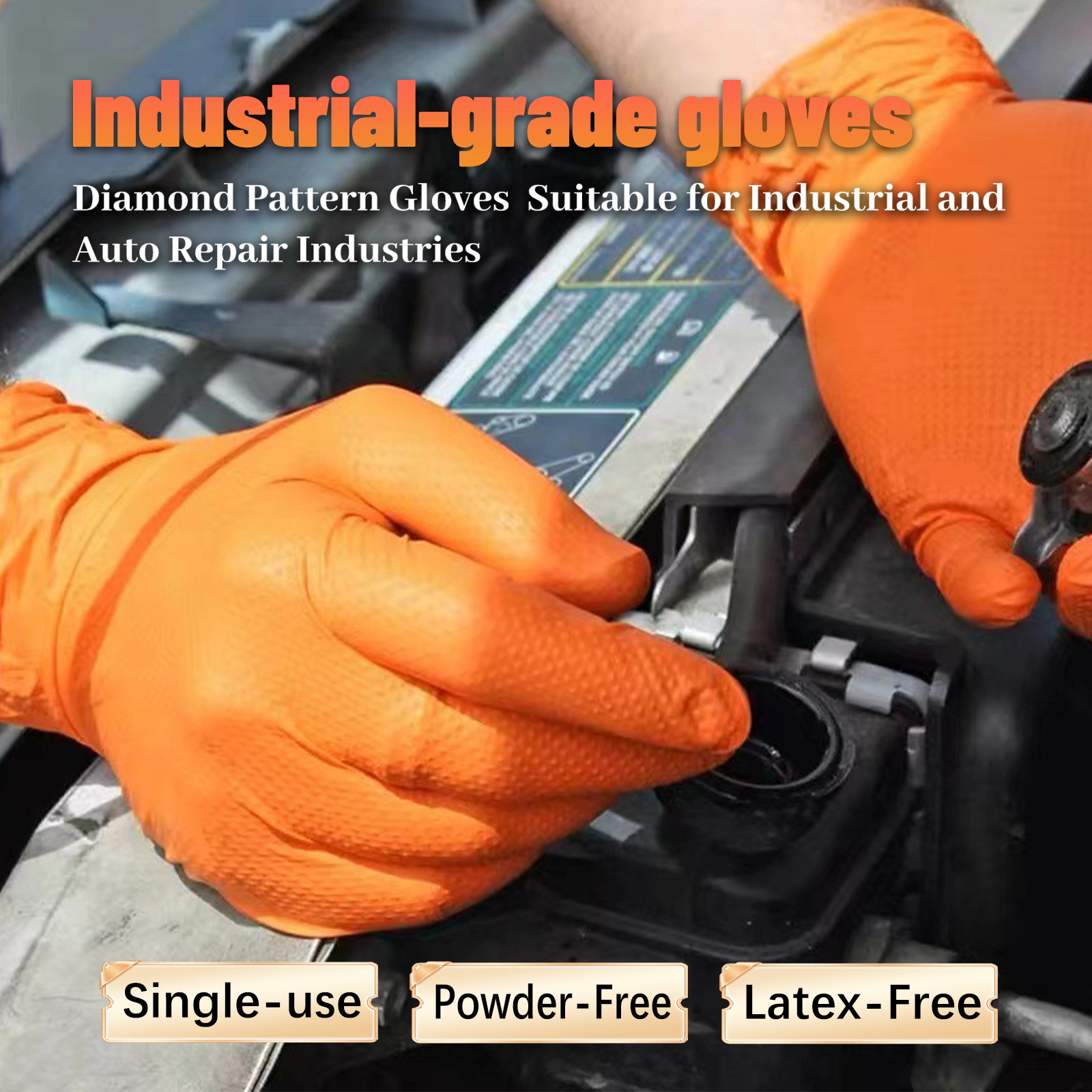 100Pcs 8Mil Heavy Duty Nitrile Gloves, Diamond Grip, Orange Latex &Powder Free
