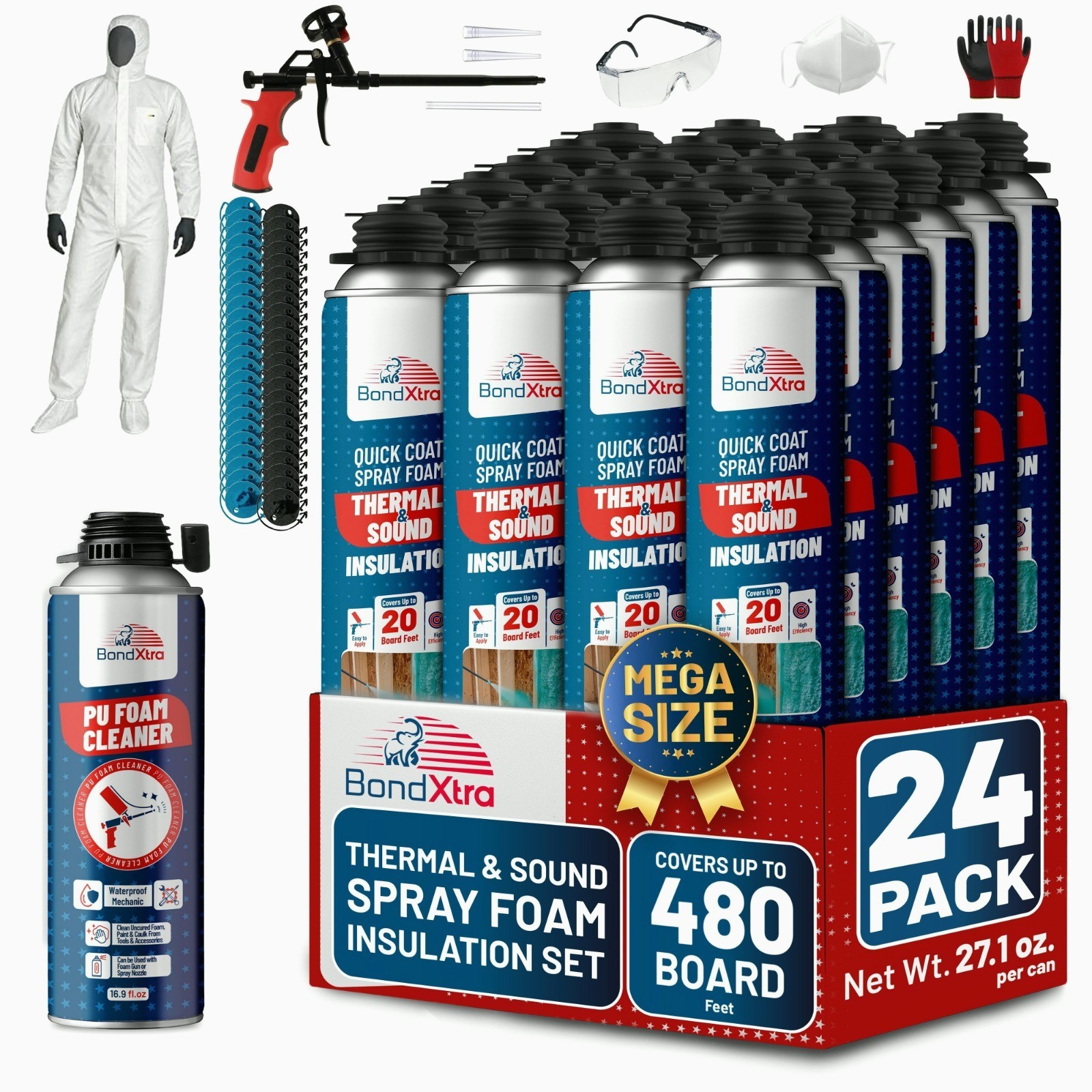 BondXtra Spray Foam Insulation Kit (24 x 32.80 oz/930 gr 480 Brd ft) Self Expan