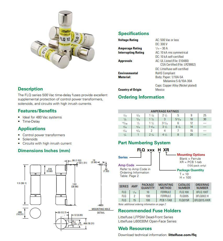 1Pc Littelfuse Flq 1 1/2 ( Flq 1 1/2 A) 1.5 Amp (1.5A) 500V Time Delay Fuse