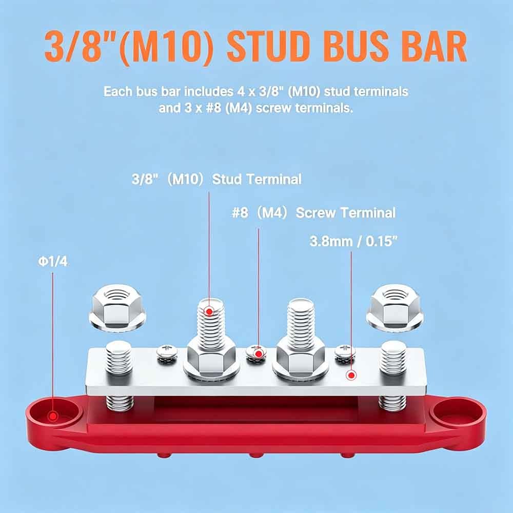 12V 250A Bus Bar Power Distribution Block 4 x 3/8″ Studs Battery Terminal Block