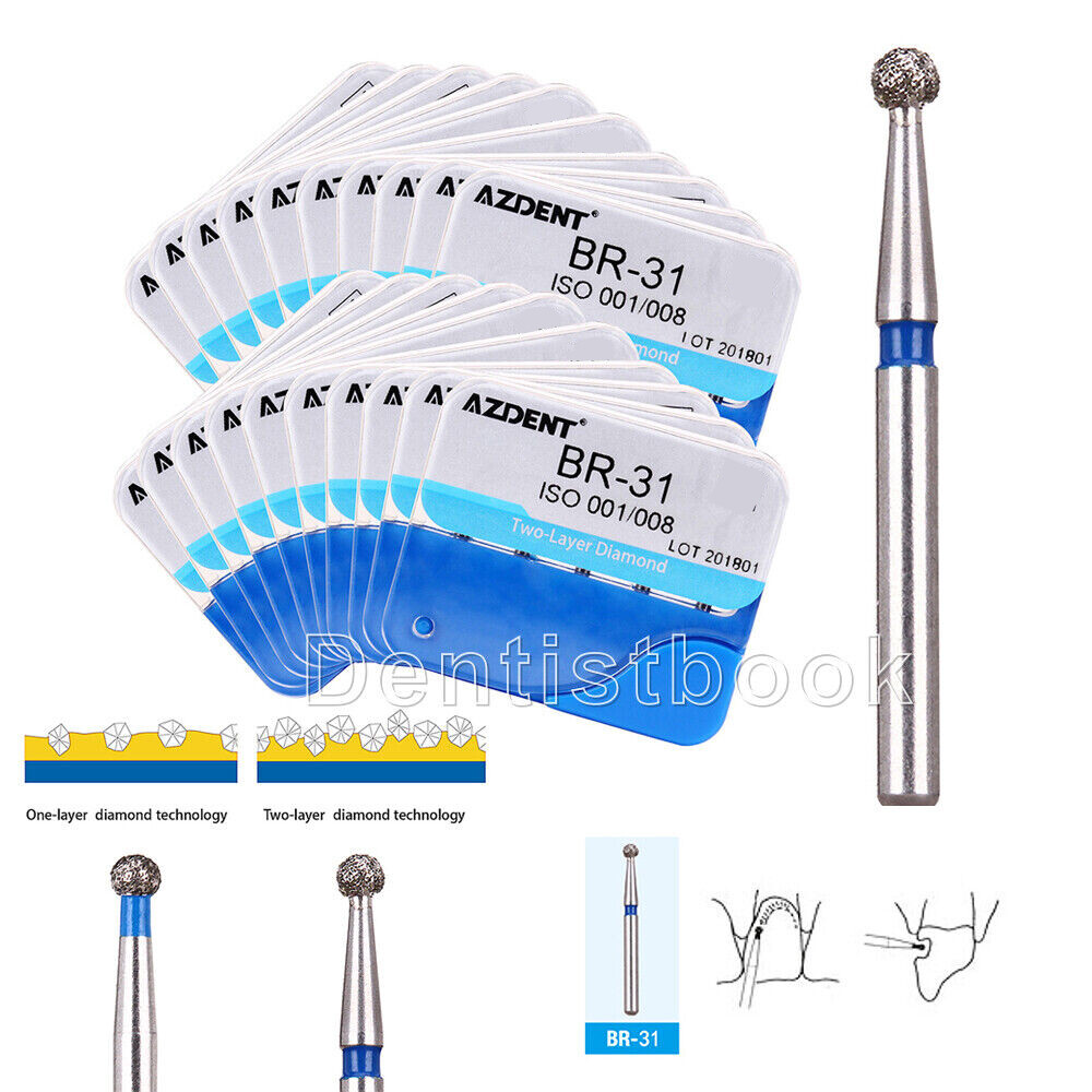 AZDENT Dental Two Layer Diamond Bur FG Ball Round BR-31 For High Speed Handpiece