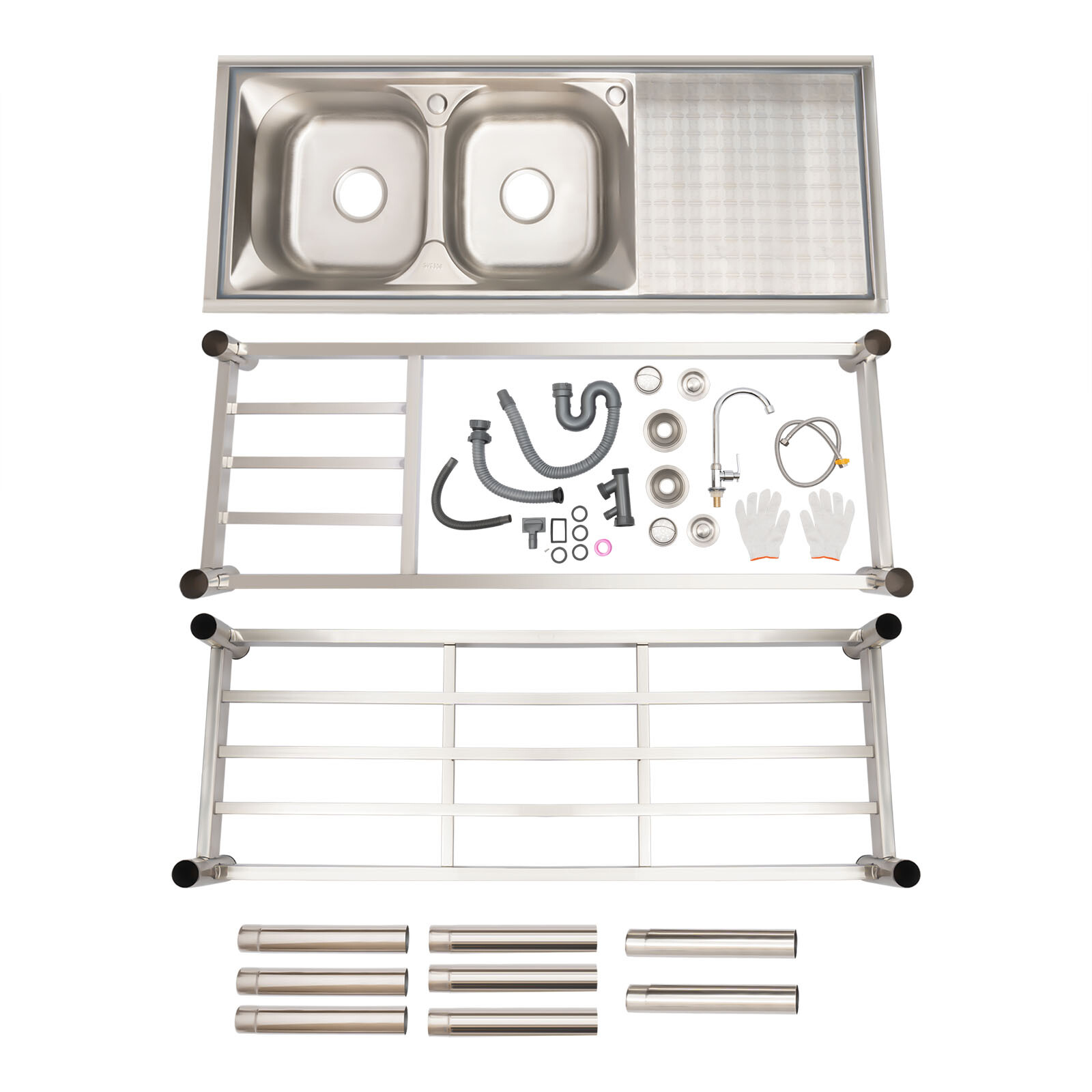 2 Compartment Commercial Kitchen Sink Prep Table with Faucet Set Stainless Steel