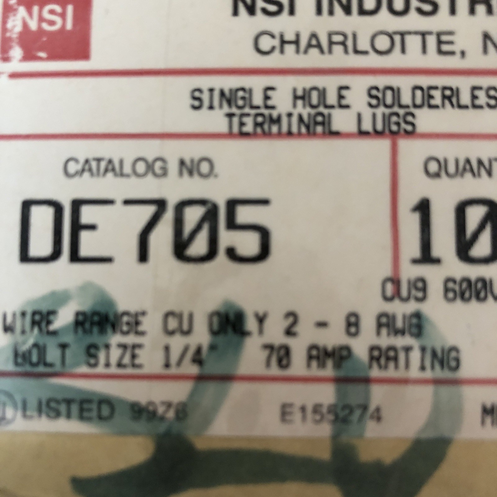 NSI Industries DE-705 Offset Copper Single Mechanical Lugs 2-8 AWG Lot 92 NEW