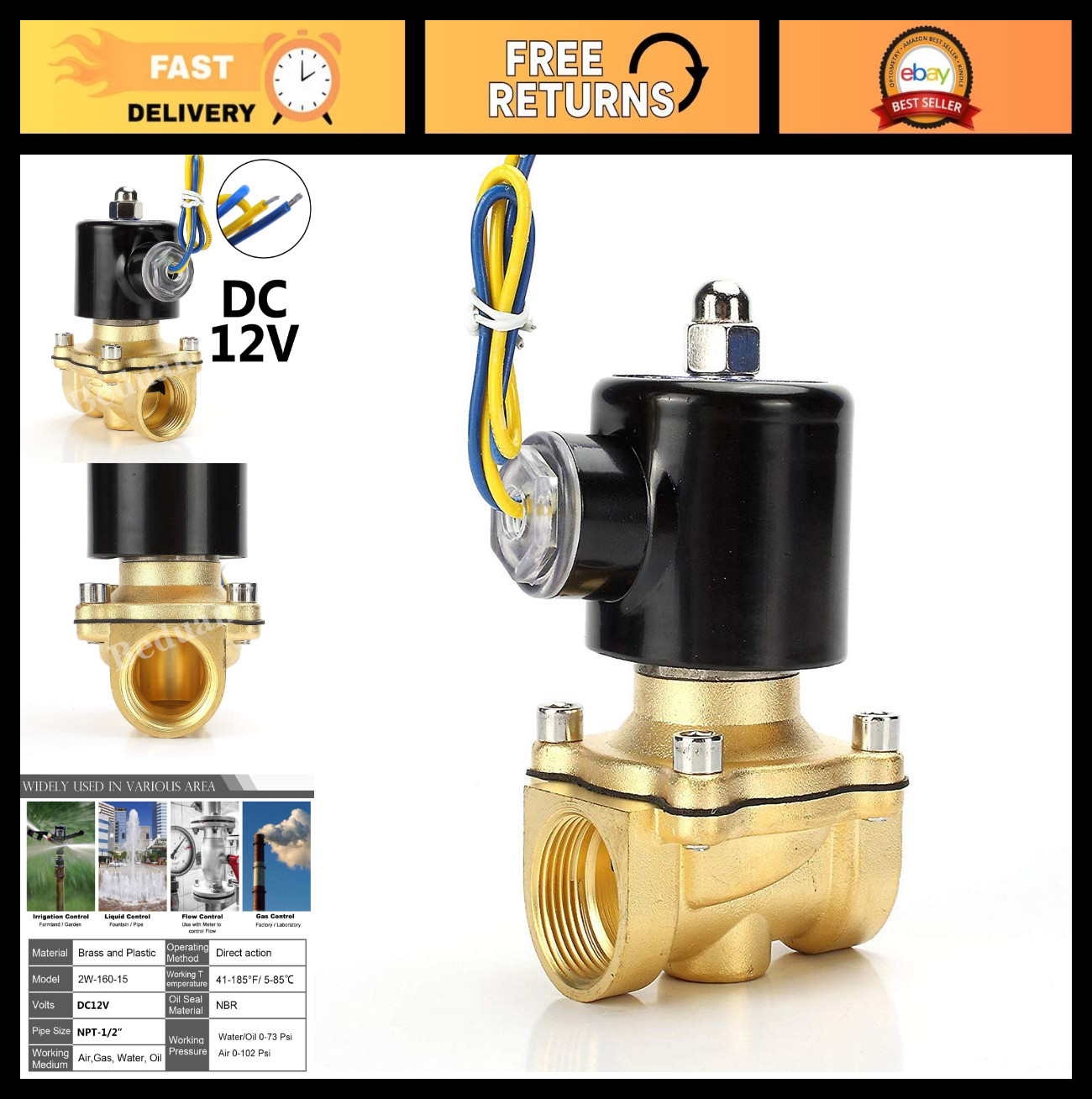 1/2″ 12V Brass Electric Solenoid Valve – Normally Closed Air, Water, Gas, Fuel,