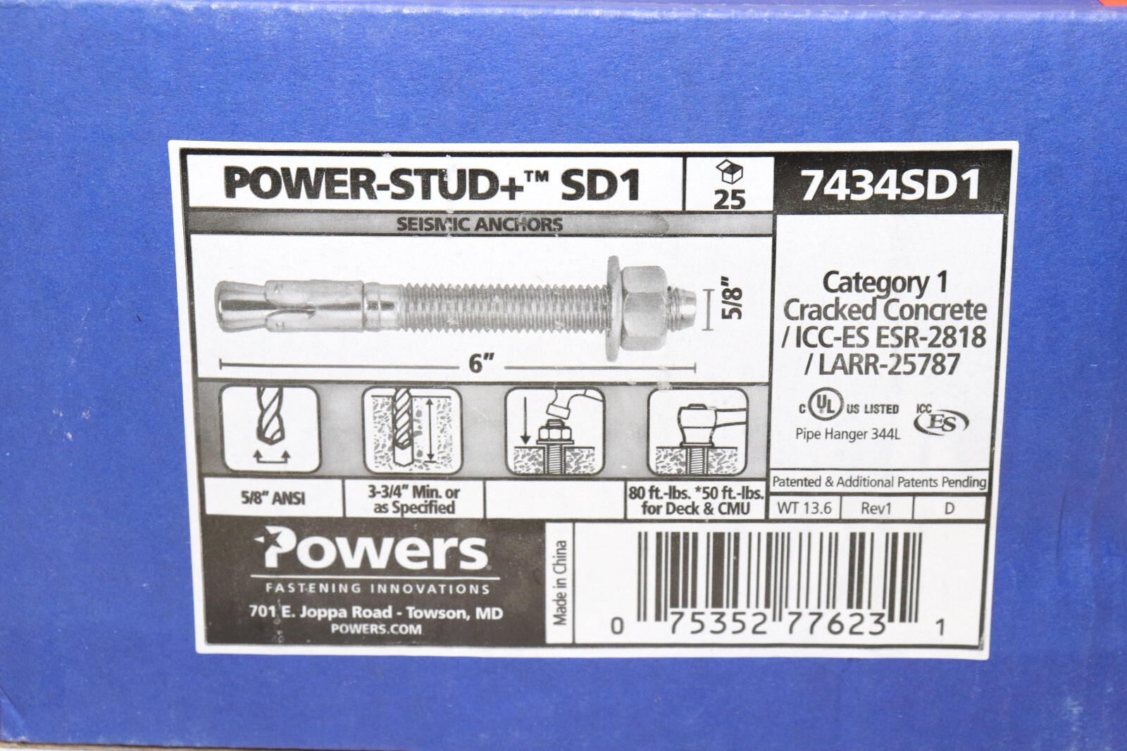 QTY.25- POWERS 7434SD1 5/8″ X 6″ POWER STUD + SD1 SEISMIC WEDGE CONCRETE ANCHORS