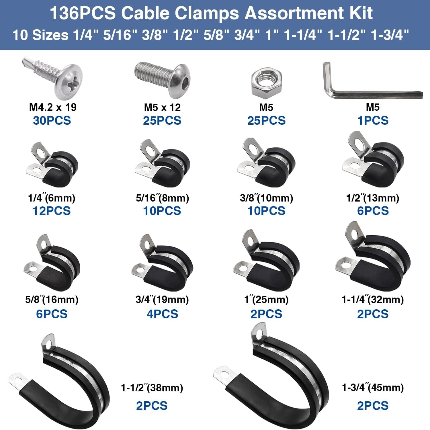 Taiss 136PCS Cable Clamps Assortment Kit 304 Stainless Steel Rubber Cushion P…