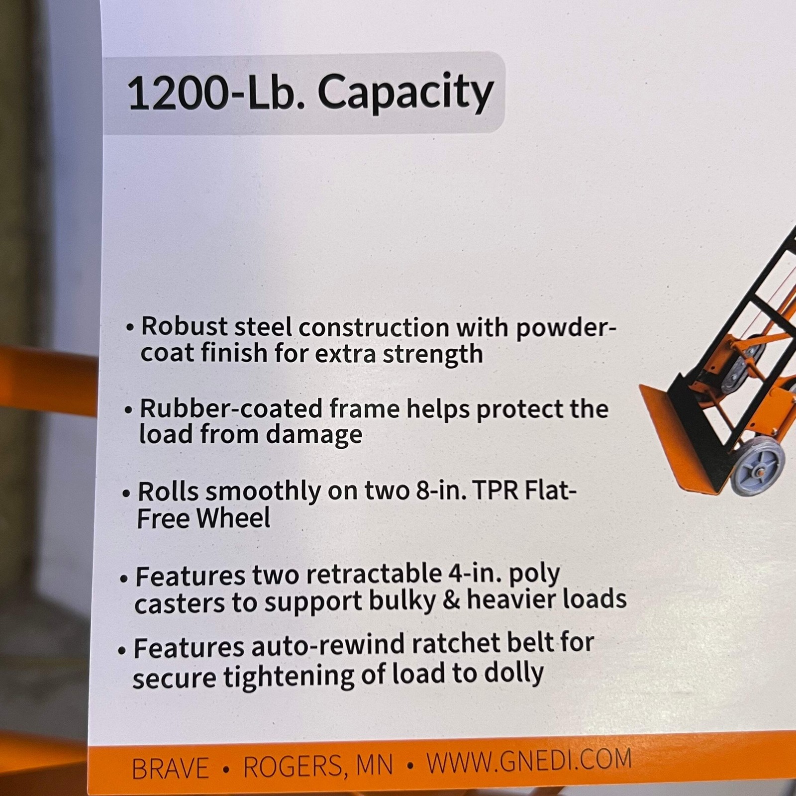 BRAVE Hand Truck 1200 Lb. Sz 17.5″W x 8″L x 65″H Orange GWG311044