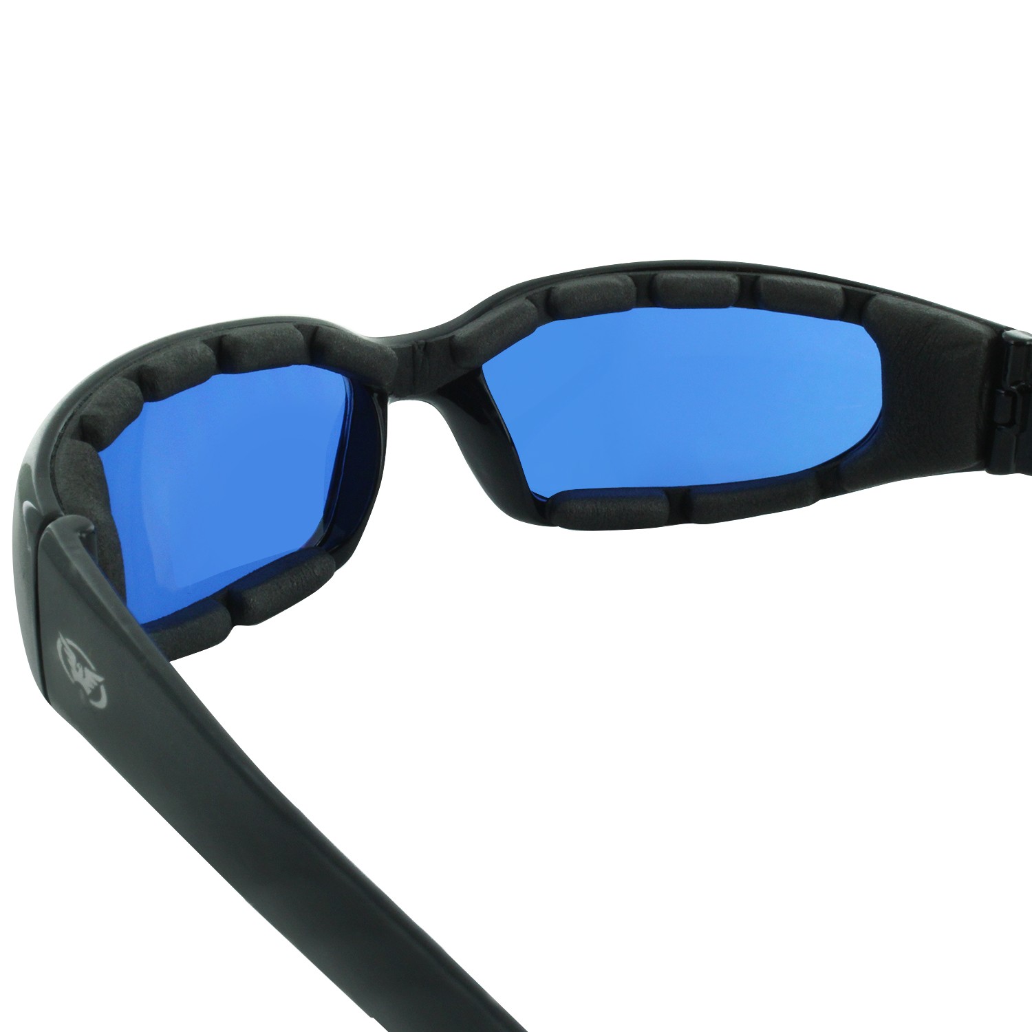 Global Vision Chicago Padded Motorcycle Glasses Black w Blue Lens EAR LOCK Pouch