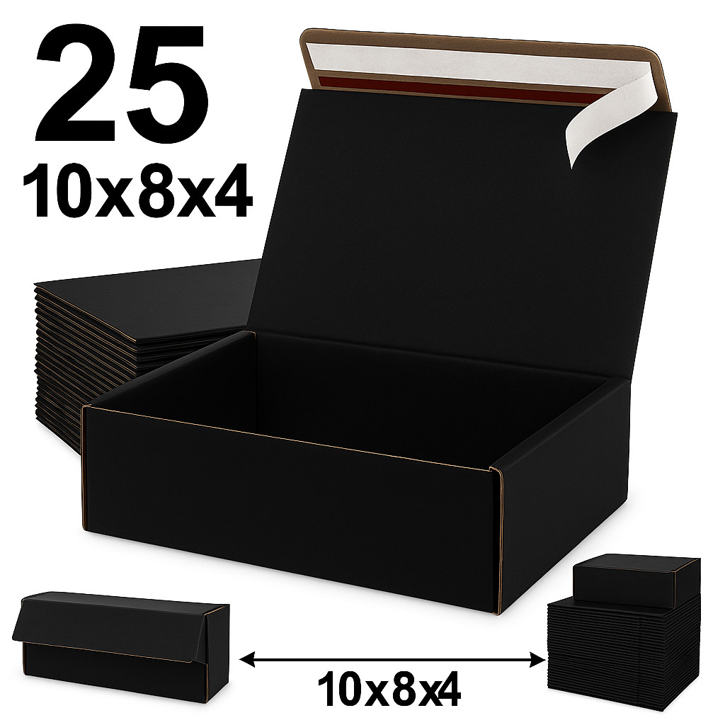 25 Black Shipping Boxes 10x8x4 | Matte Self-Seal Mailers – No Tape Needed