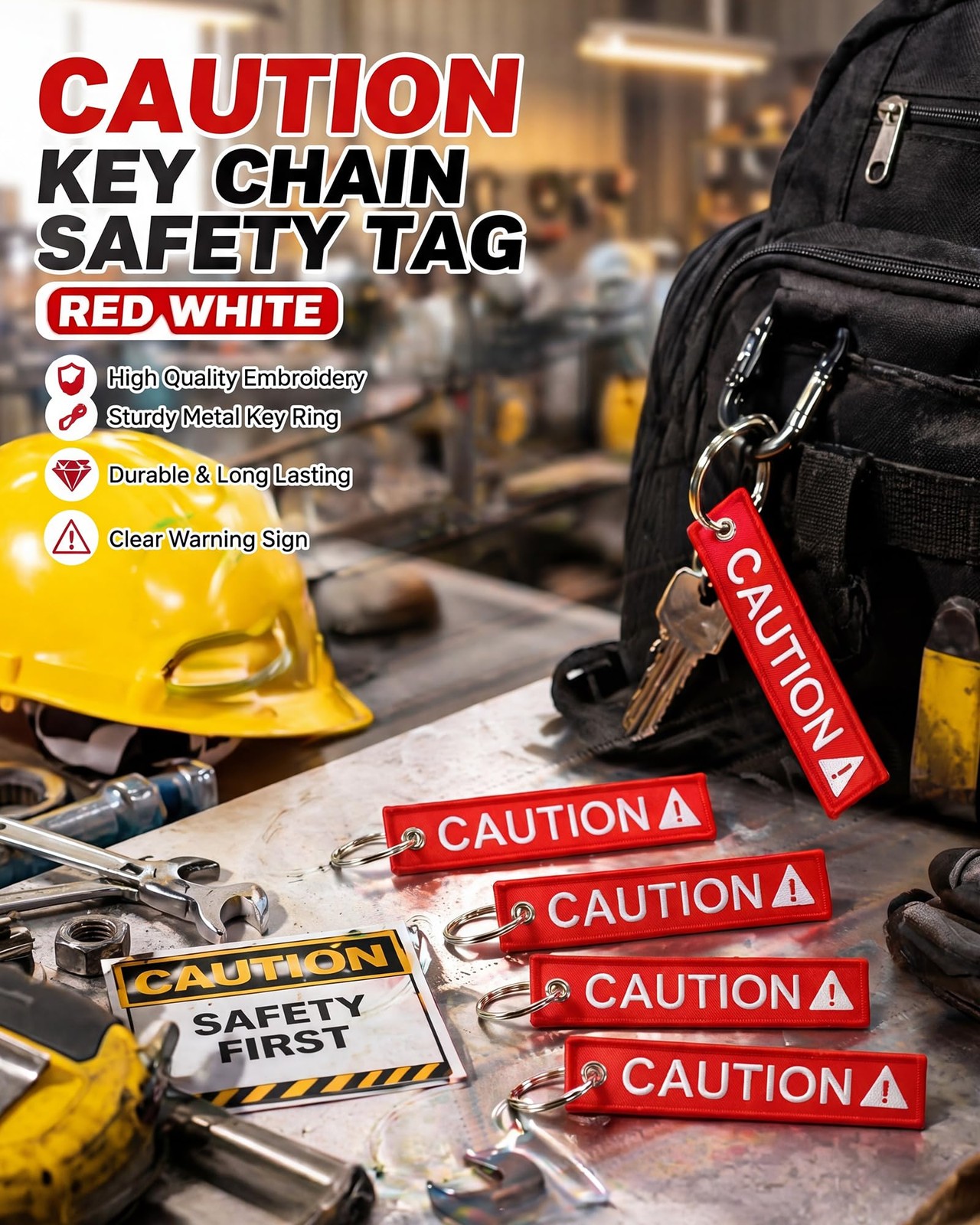 12 Pack Caution Key Chain Safety Tag Double Sided Red Fabric Warning Keyring …
