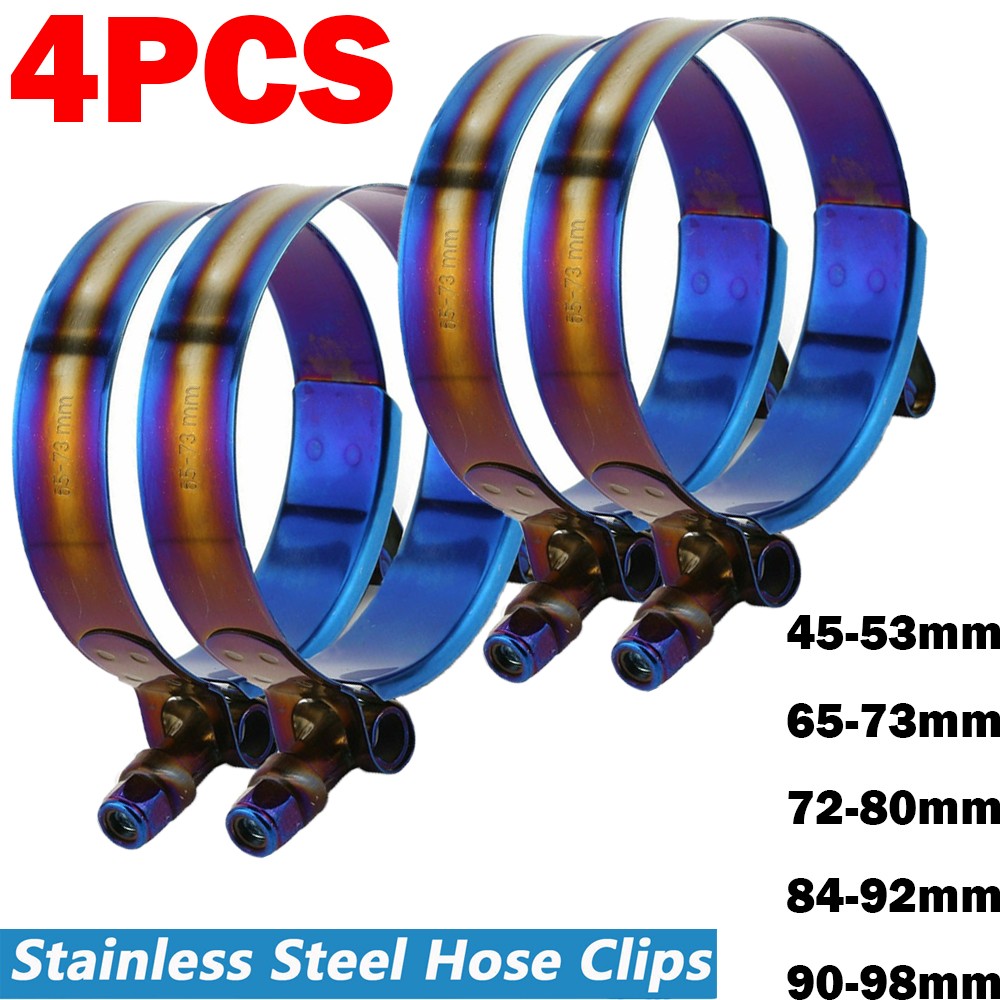 4× Adjustable Titanium Blue Stainless Steel T-Bolt Clamp Universal 45mm – 98mm