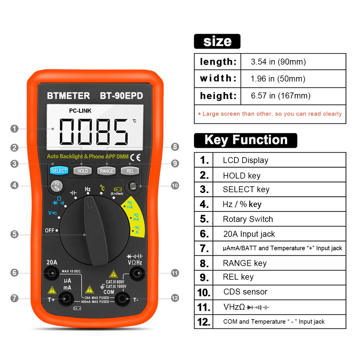 BTMETER Bluetooth Digital Multimeter 4000 Count AC/DC Voltage Current Resistance
