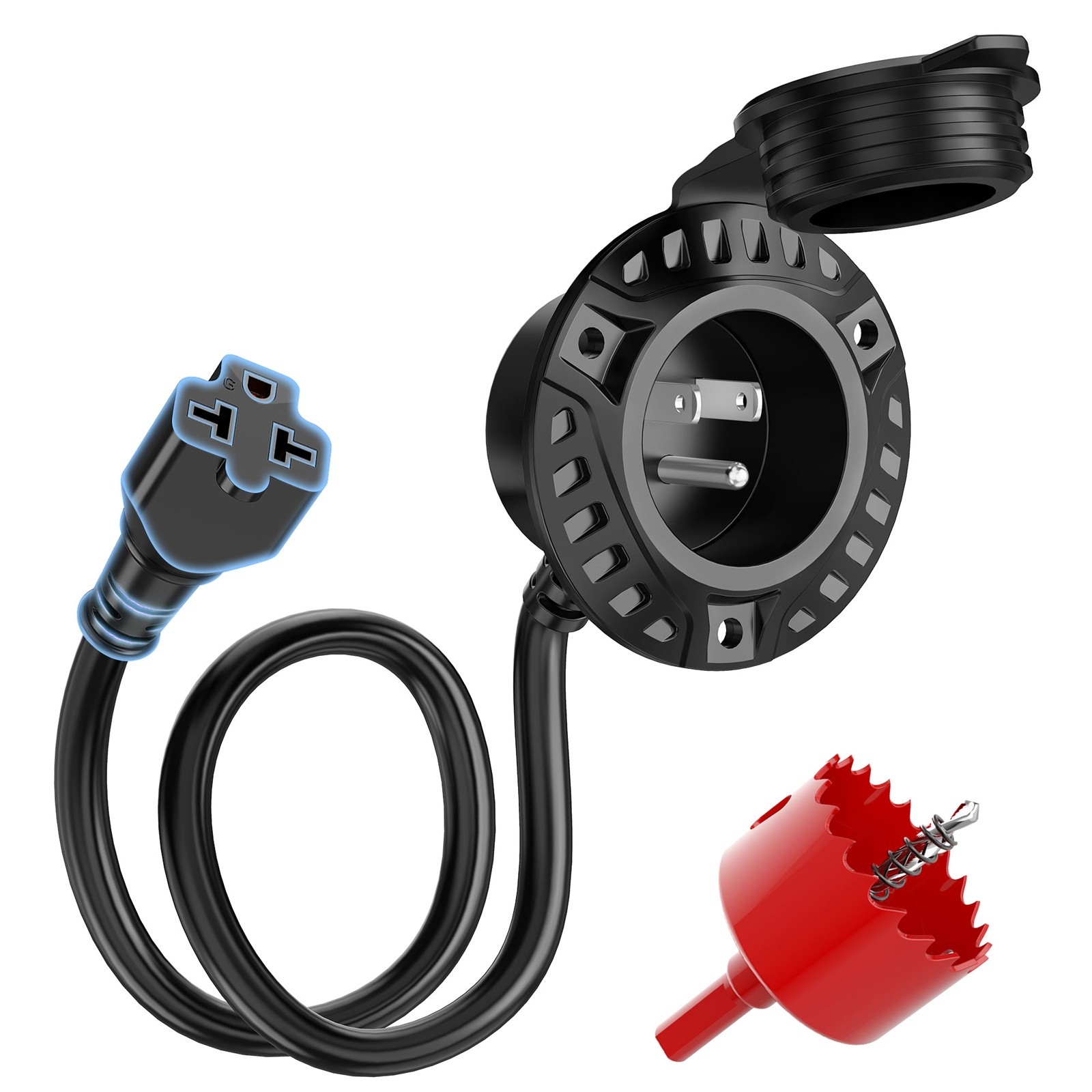 15A 125V AC Port Plug, 5-in-1 T-Blade Adapter & 18» Extension Cord Waterproof