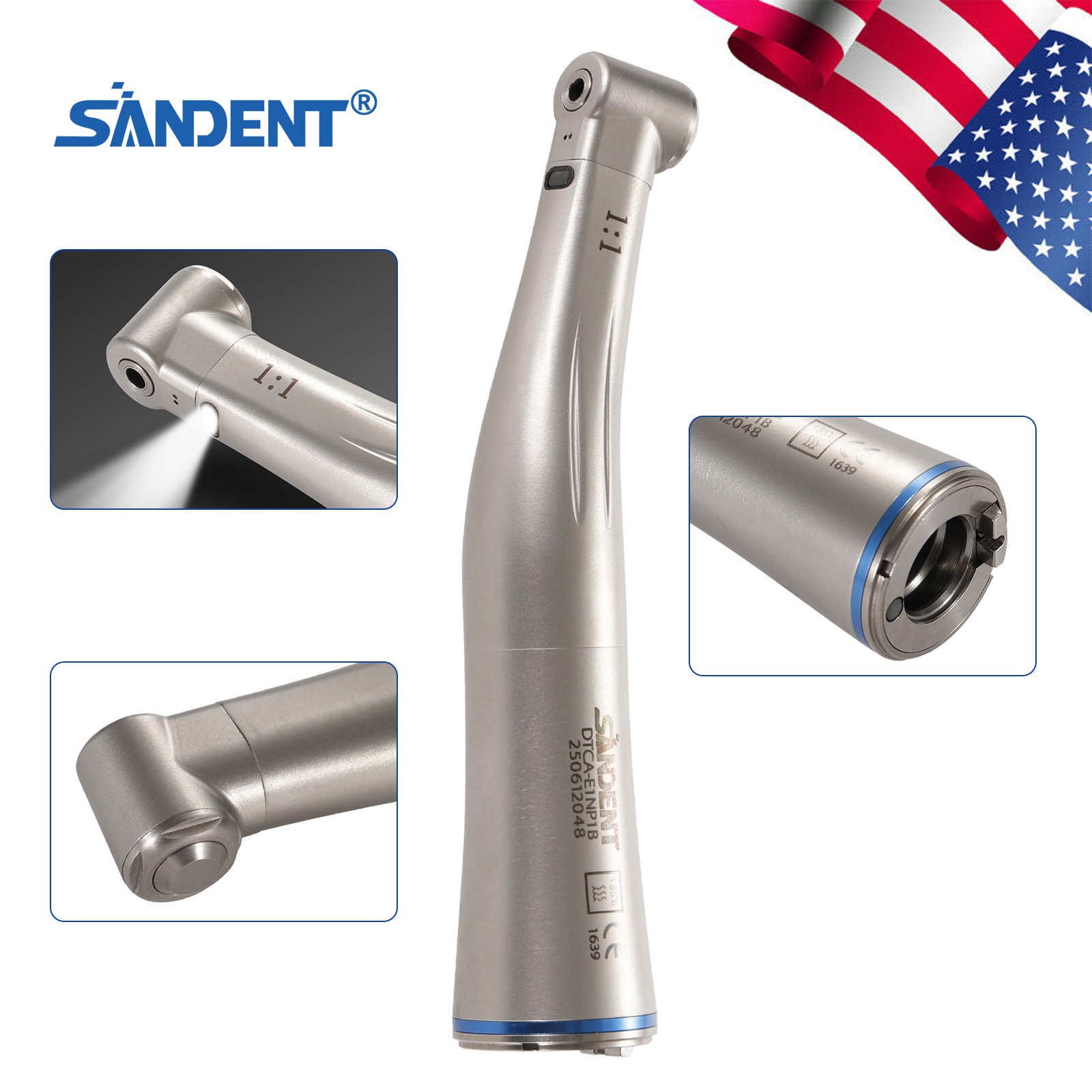 1-5 SANDENT LED Dental 1:1 Fiber Optic Contra Angle Low Speed Handpiece NEW