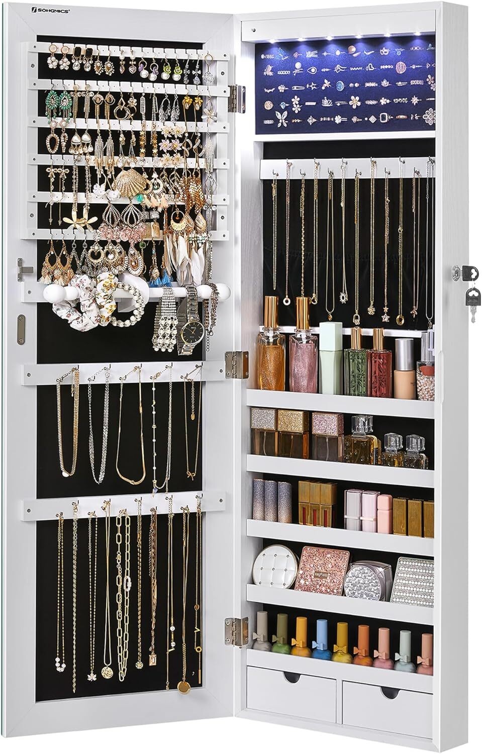 Wall-Mounted Cabinet with LED Interior Lights Door-Mounted Jewelry Organizer