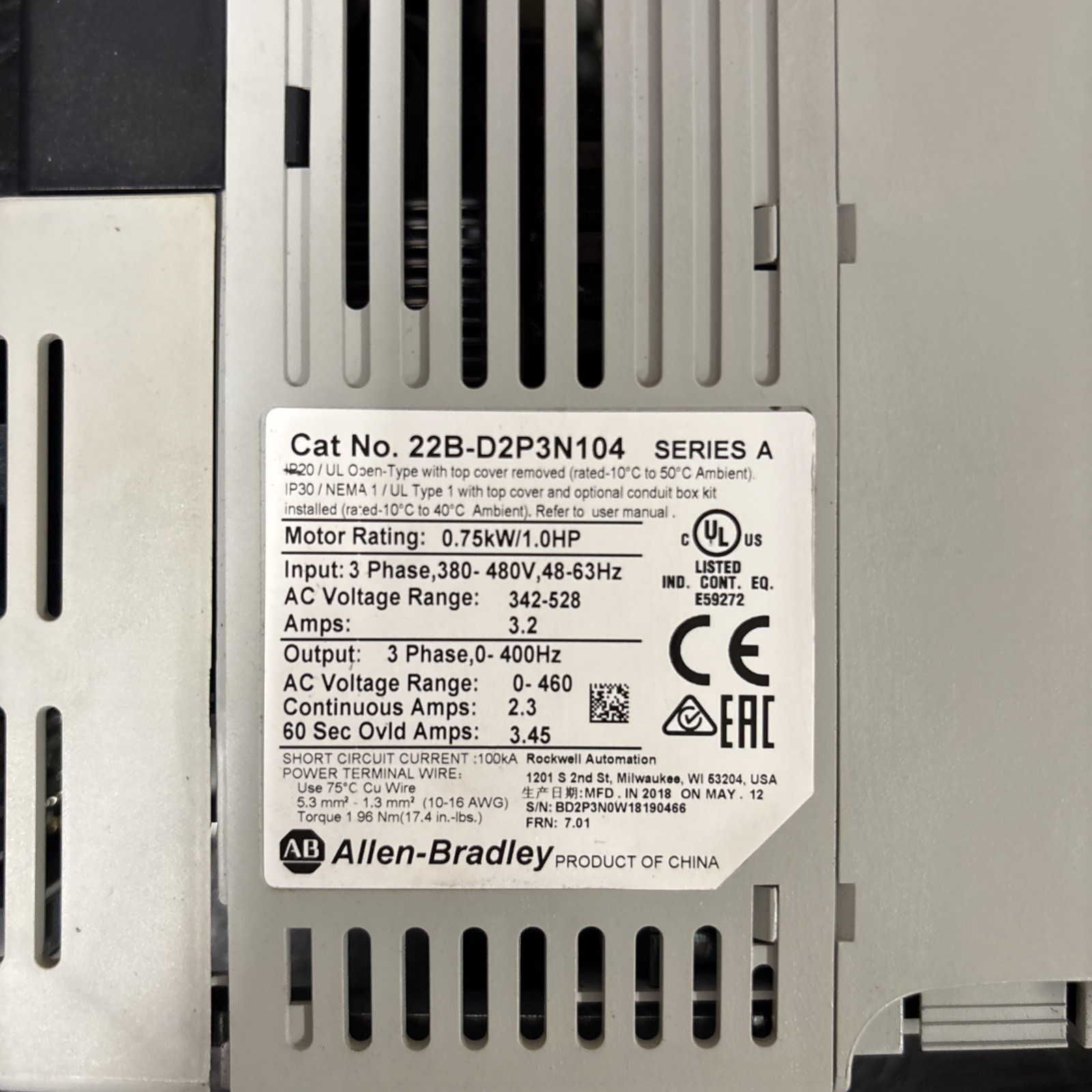 Allen-Bradley 22B-D2P3N104 PowerFlex 40 1HP