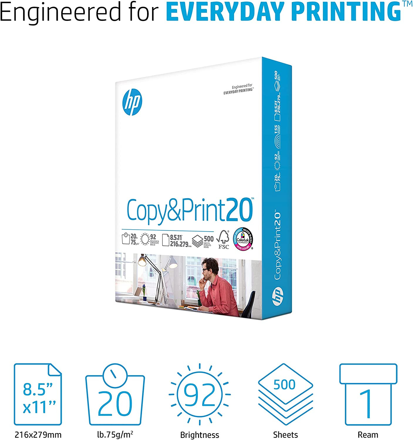 HP Printer Paper 8.5×11 20lb Copy & Print 92 Bright 500 Sheets (1 Ream) FSC Cert