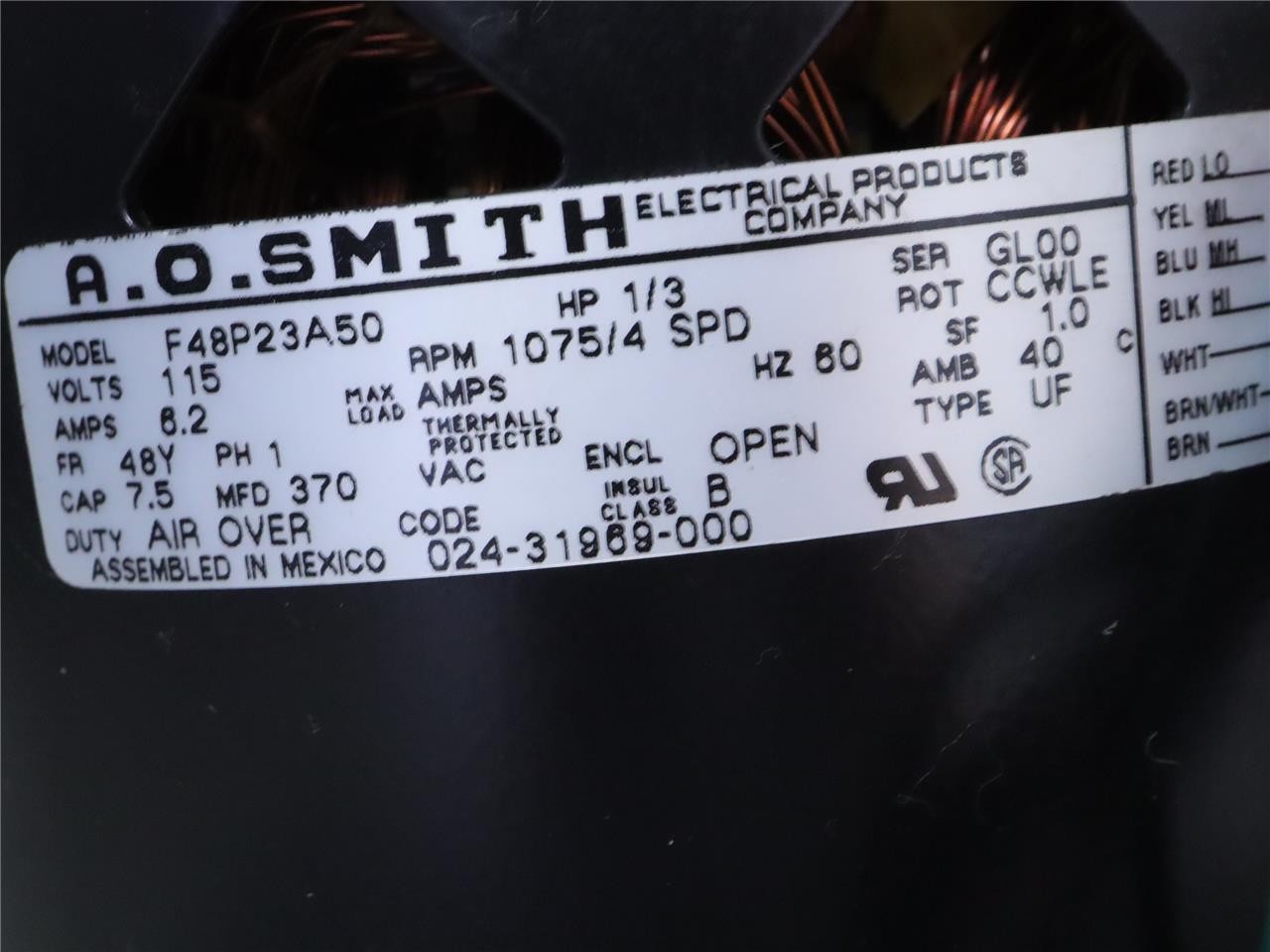 AO Smith F48P23A50 Blower Motor 1/3HP 115V 1075RPM 4SPD 60Hz 024-31969-000 CCWLE