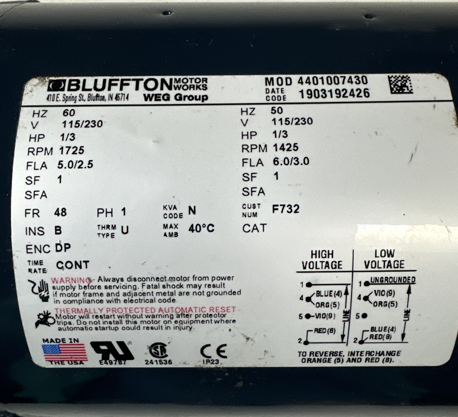 New BLUFFTON 4401007430 AC MOTOR 1/3HP 115/230V 60Hz 1PH 1725RPM FR:48