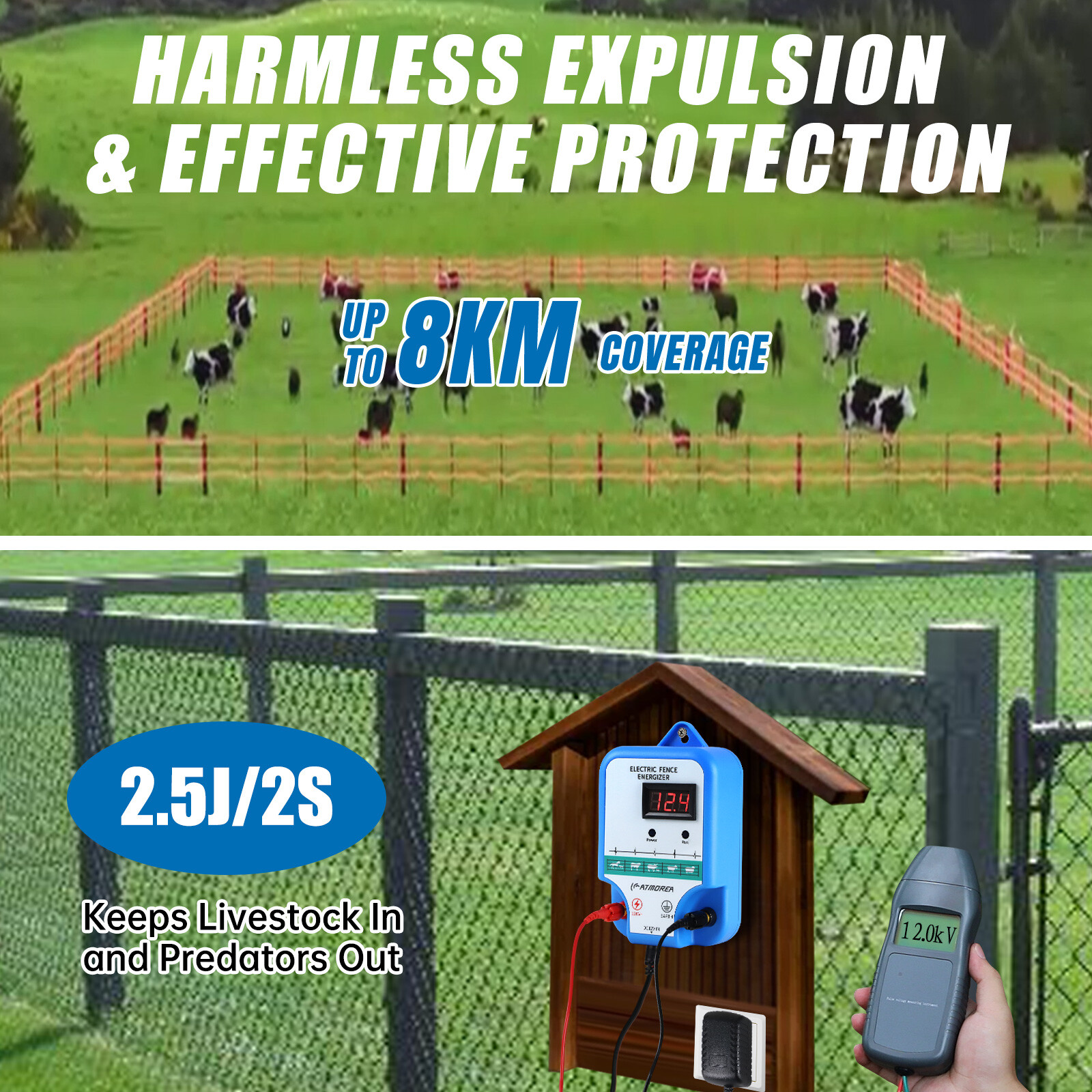 AC Powered Fence Charger LCD Display 2.5J Electric Fence Energizer for Livestock