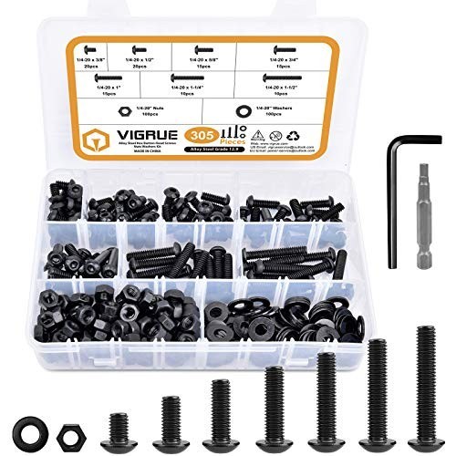 305Pcs 1/4-20 Bolt Nut Assortment Kit, Black Socket Cap Screws, Washers, Class 1