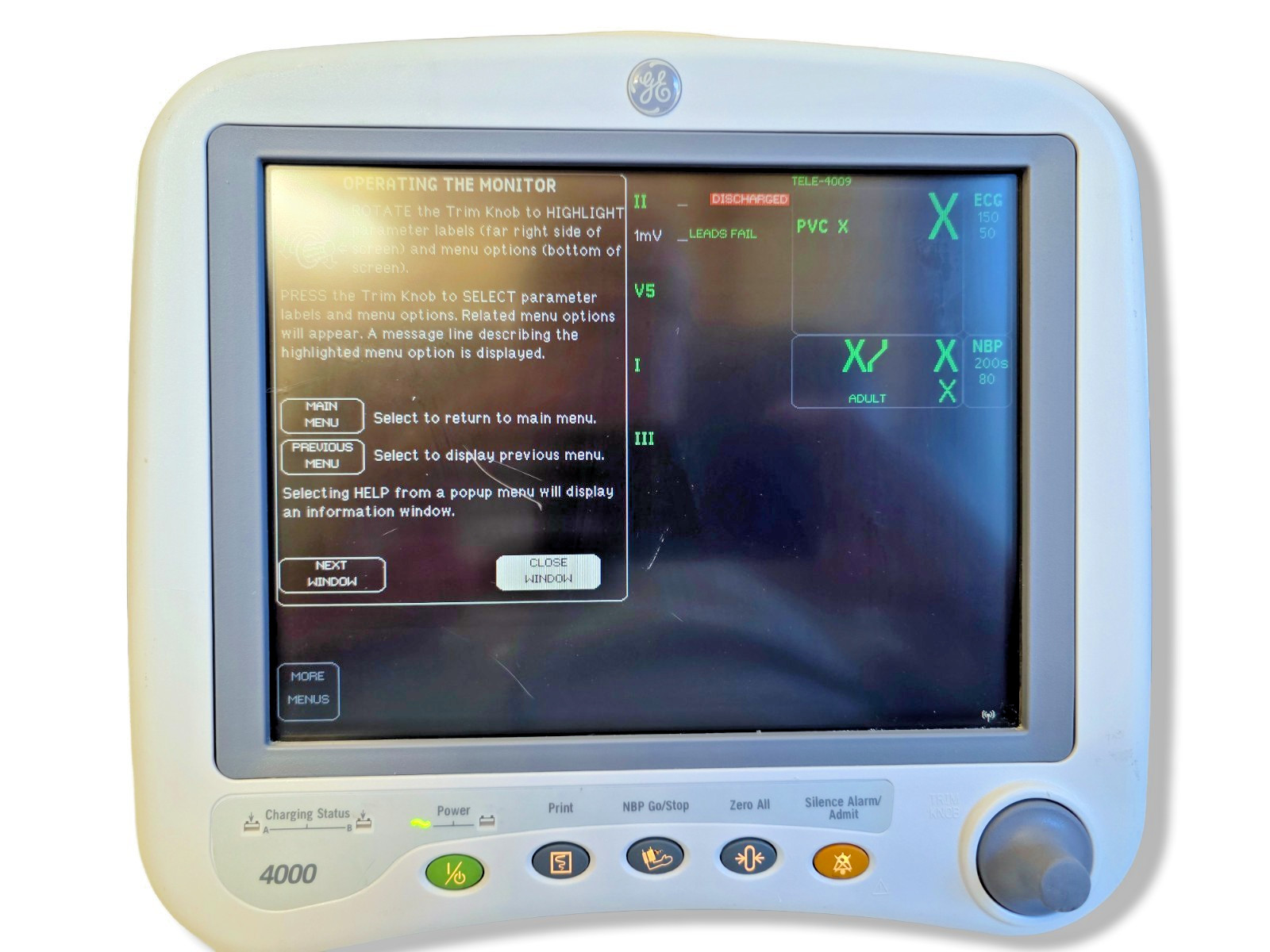 GE Dash 4000 Patient Monitor Vital Signs Hospital Display Powers On w/ Cord