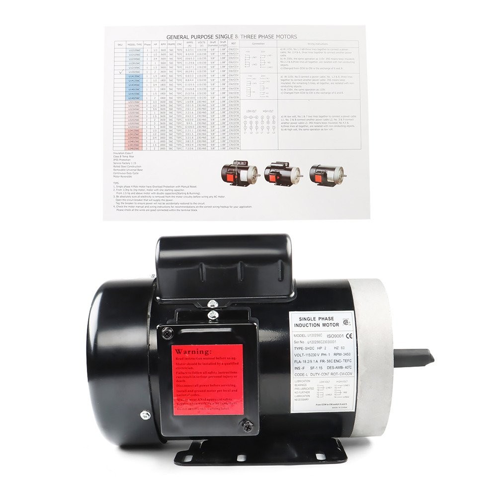 2HP 115/230V General Purpose Motor 3450RPM Electric Motor 56C Single Phase New