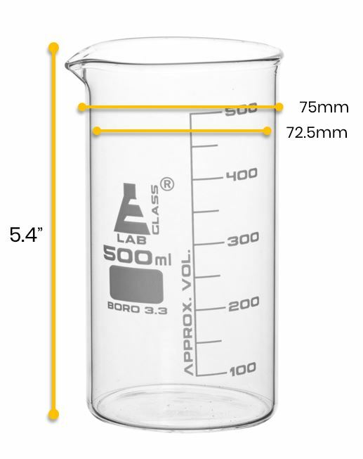 Eisco Labs 500ml Beakers, Tall Form, White Graduations, Borosilicate Glass – 6PK